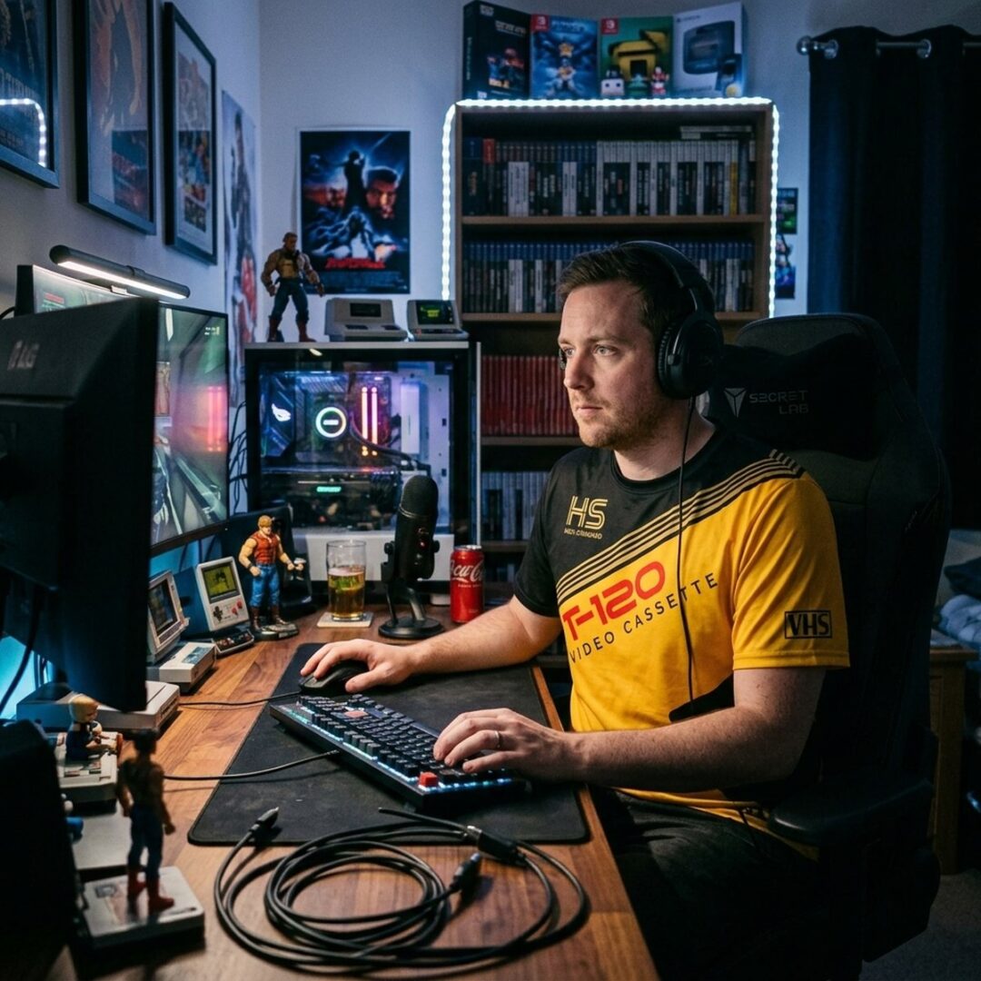 Man at a desk setup wearing the yellow VHS Cassette V06 tape print t-shirt