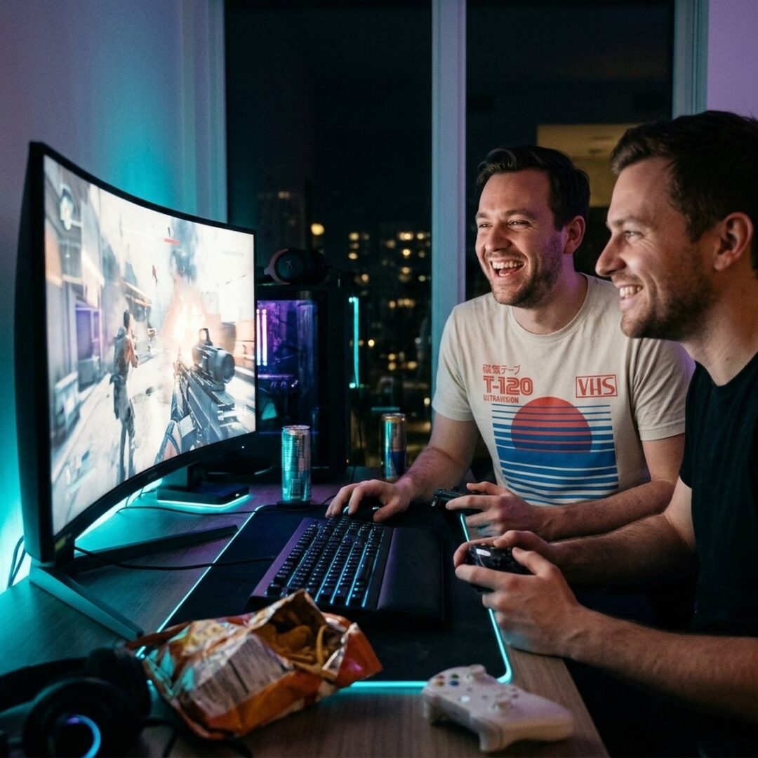 Two friends laughing at a screen, one wearing the VHS Cassette V32 print t-shirt