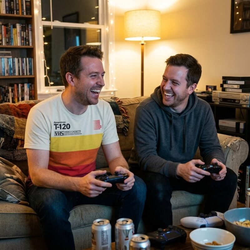 Two friends on a sofa, one wearing a VHS tape print t-shirt from Hoodie Lab