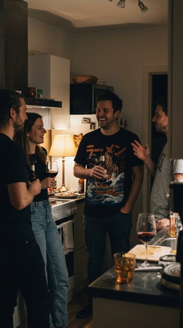 People standing in a kitchen at a dinner party, one in a dark all-over-print t-shirt