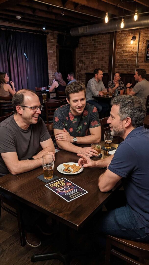 Men talking over food at a table, one wearing a dark rose-print all-over-print shirt
