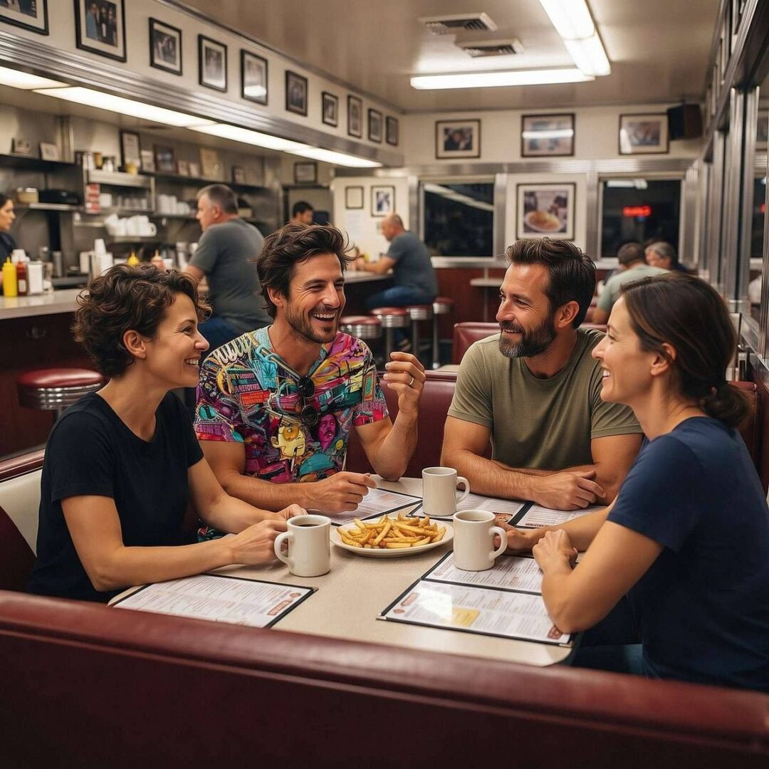 Group eating in a booth, one wearing a colourful all-over-print t-shirt