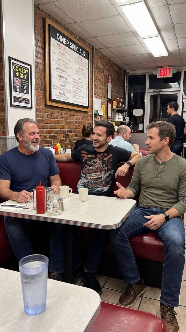 Men eating at a counter, one wearing a ramen-themed all-over-print t-shirt