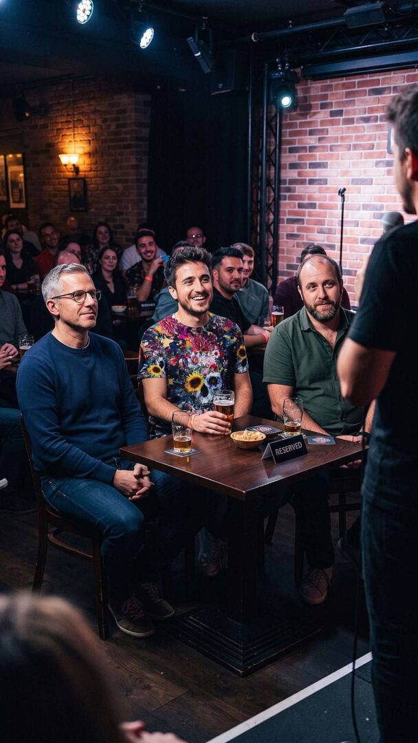 Men seated at a table in warm light, one in a dark floral all-over-print shirt