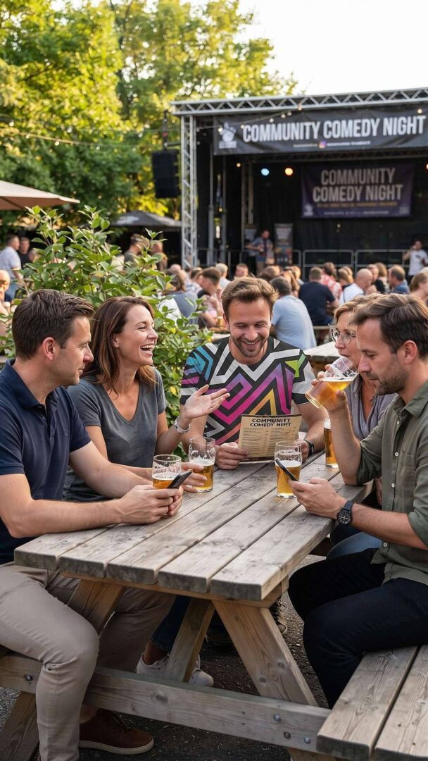 Men at an outdoor table in daylight, one wearing a printed t-shirt