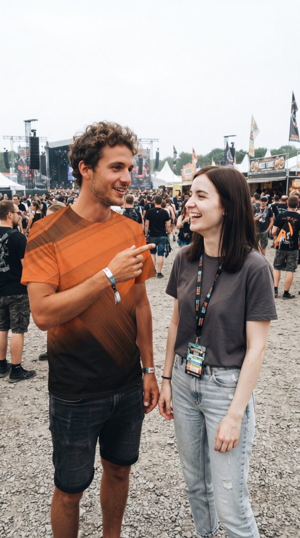 Couple on a festival site in daylight, one in a bright striped all-over-print t-shirt