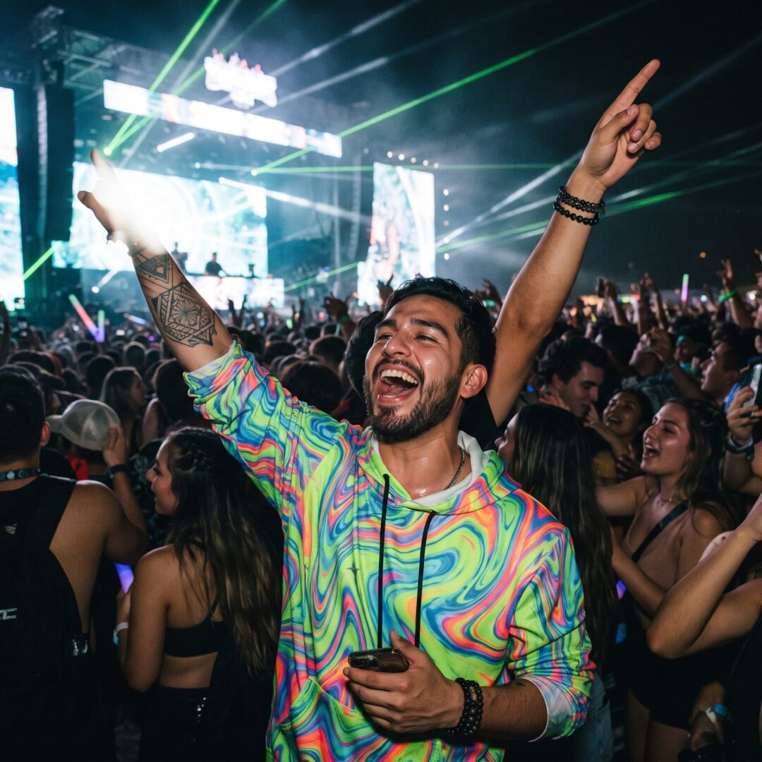 Man in a neon all-over-print t-shirt in a festival crowd under coloured lights