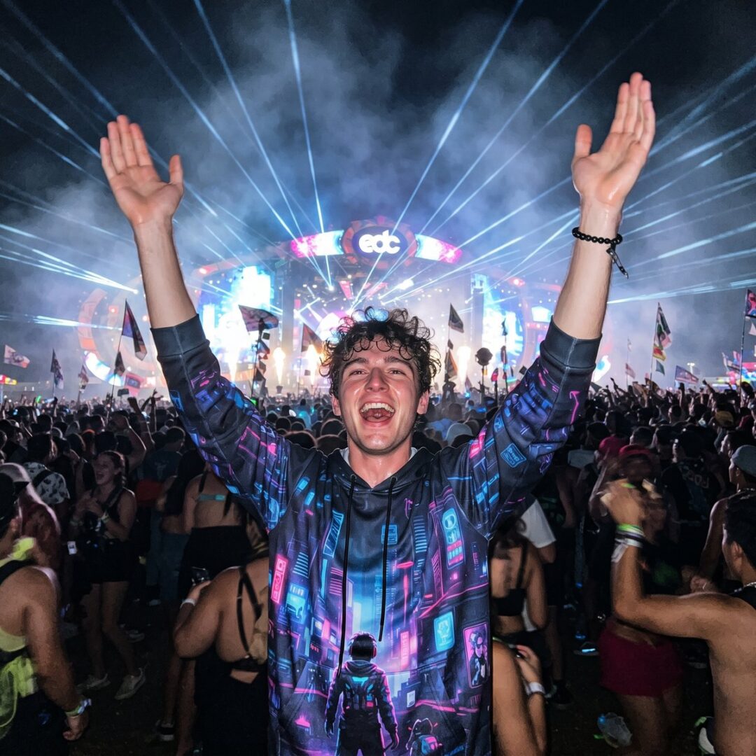 Man in a high-contrast all-over-print t-shirt at a night-time festival stage