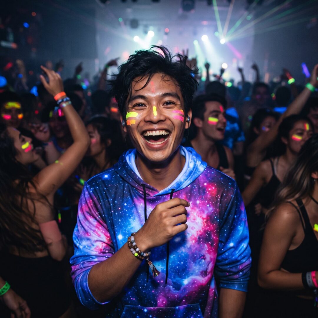 Man in a bright galaxy all-over-print t-shirt at a festival stage after dark