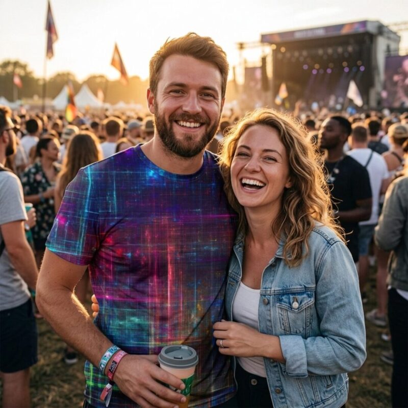 Two friends in a festival crowd at golden hour, one wearing a bright all-over-print t-shirt