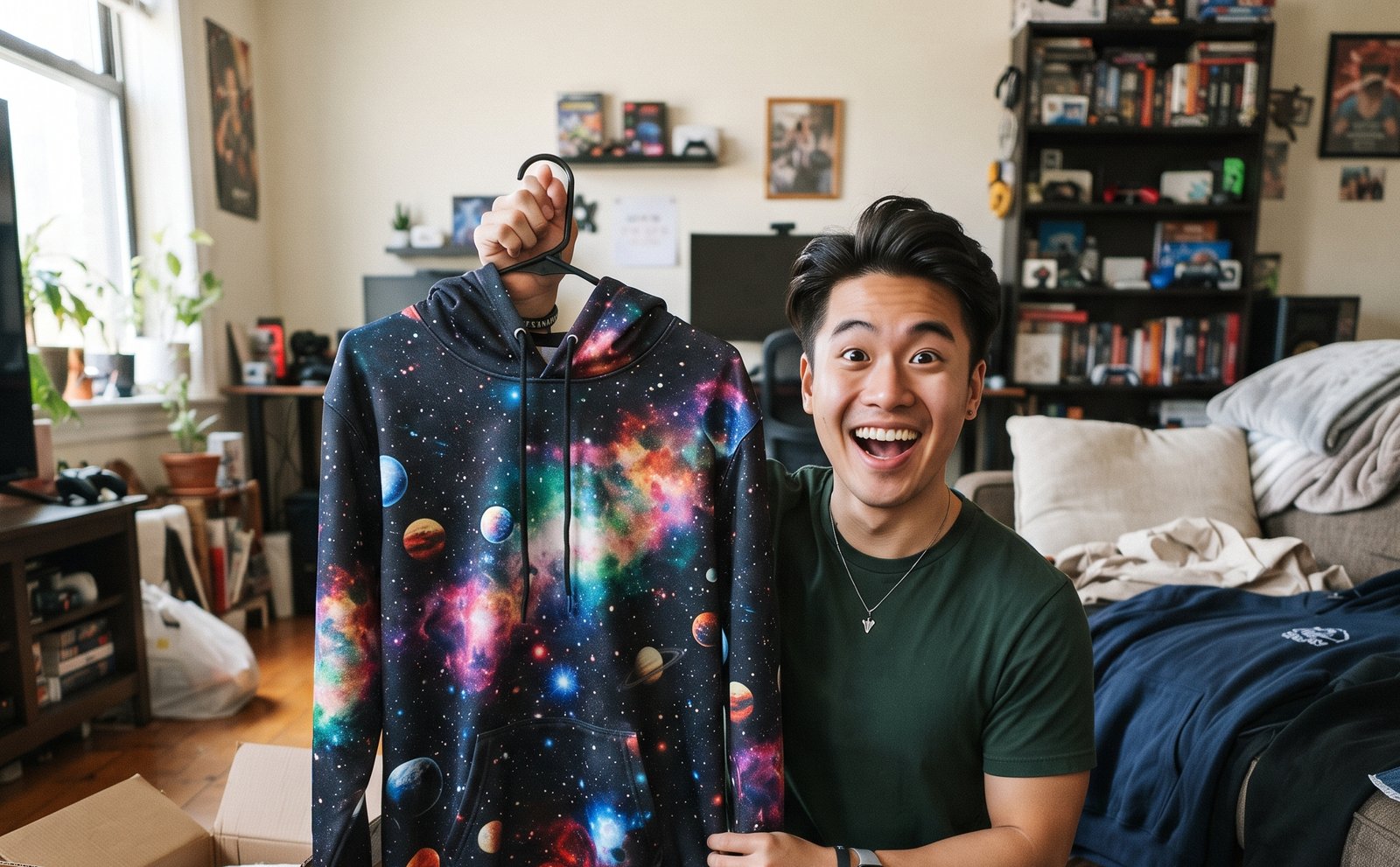 Man holding up a galaxy and planets all-over-print hoodie on a hanger
