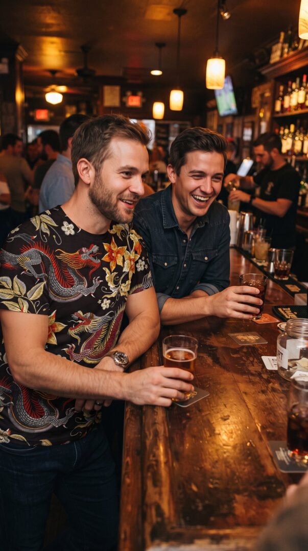 Two men at a warm-lit bar, one wearing a dragon all-over-print shirt