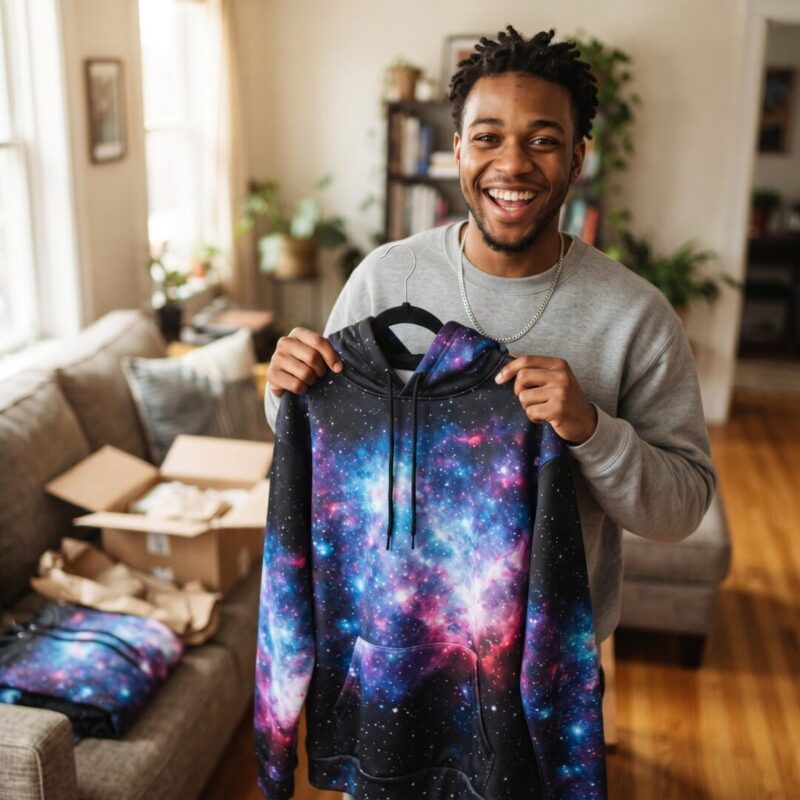 Man holding up a galaxy all-over-print hoodie he has just unwrapped as a gift