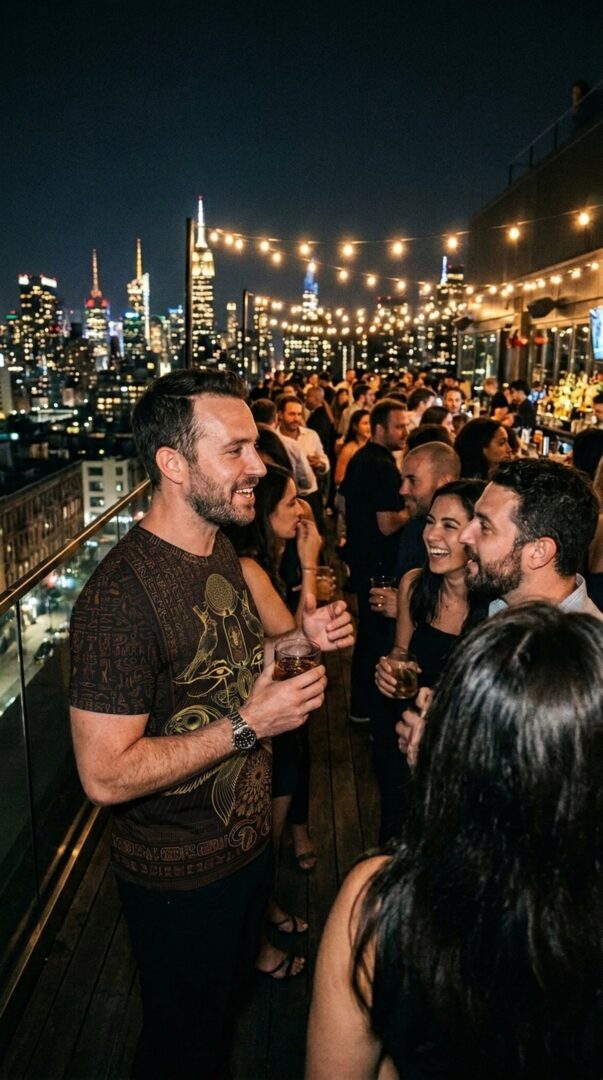 Man in a gold patterned all-over-print shirt at a crowded penthouse party under string lights