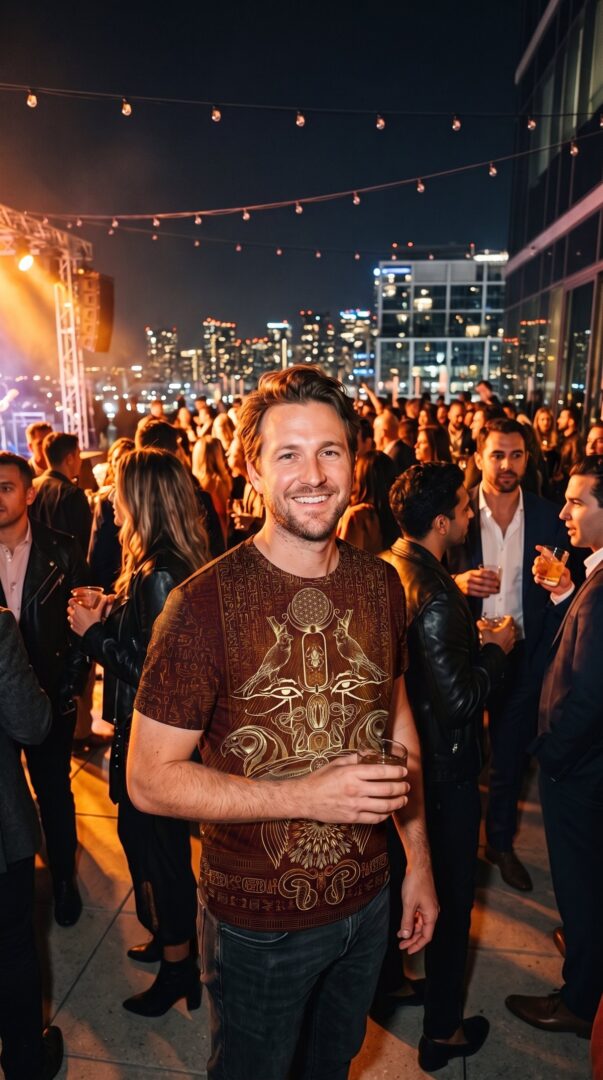 Man in an ornate all-over-print shirt in a rooftop party crowd at night