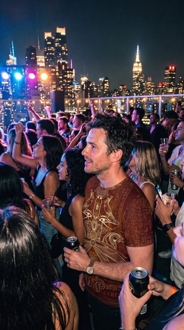Crowd on a rooftop at night with city lights, man in a patterned all-over-print shirt