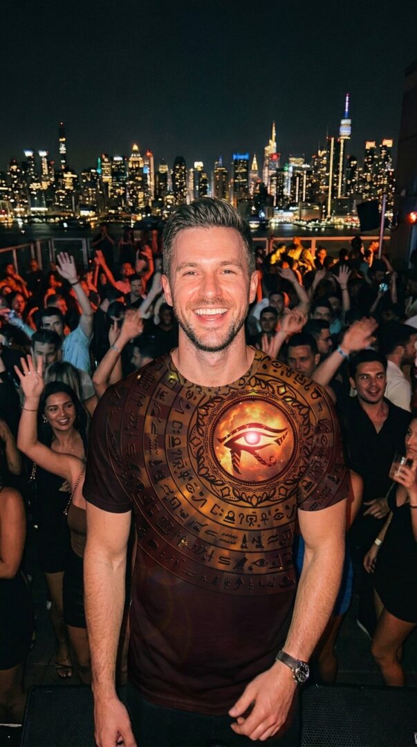 Man in a bold circular-motif all-over-print t-shirt at a rooftop DJ party