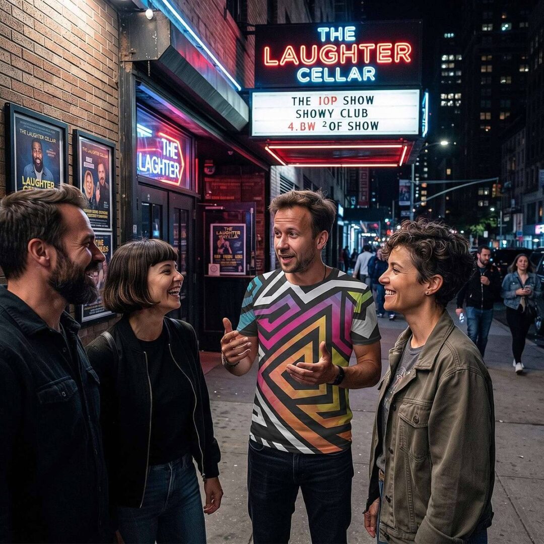 Group of men on a neon-lit street at night, one in a bright geometric all-over-print shirt