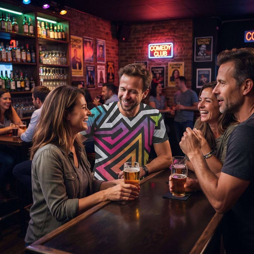 Men laughing at a club bar, one in a bright chevron all-over-print t-shirt