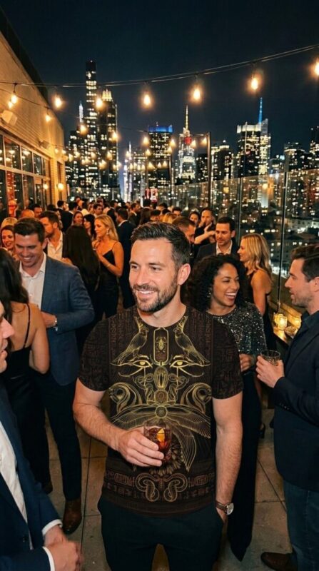 Man in an ornate gold all-over-print shirt at a rooftop New Year's Eve party with city skyline behind