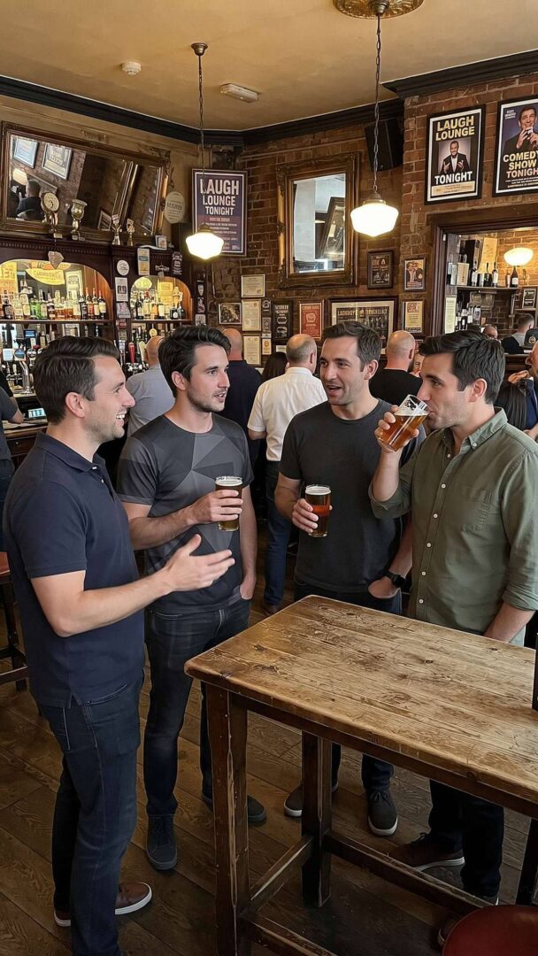 Men standing with drinks in a pub, one wearing a black geometric all-over-print t-shirt