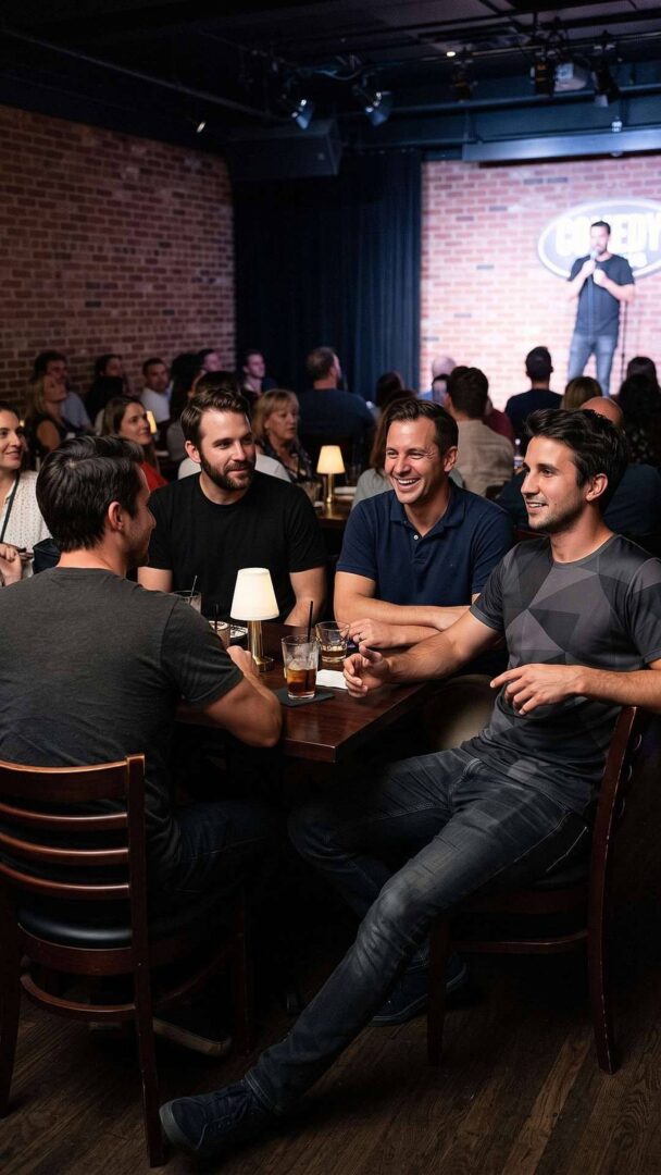 Men seated around a table with drinks, one in a dark geometric all-over-print t-shirt