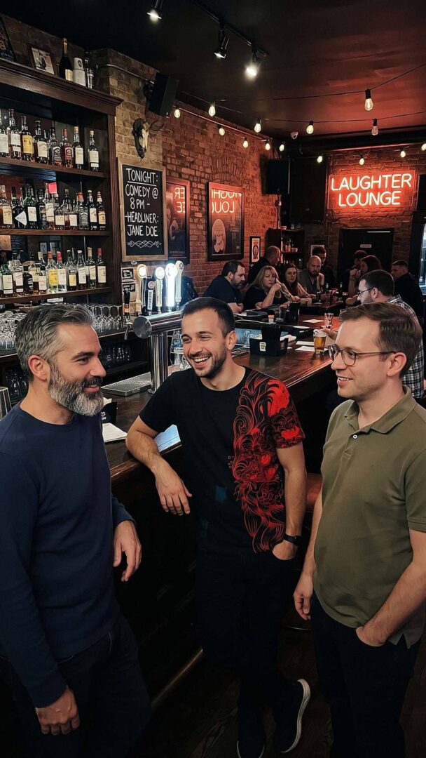 Men talking at a bar, one wearing a dark all-over-print shirt