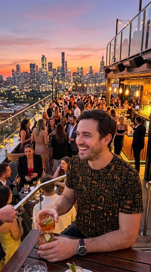 Man in a gold patterned all-over-print shirt at a rooftop bar at sunset