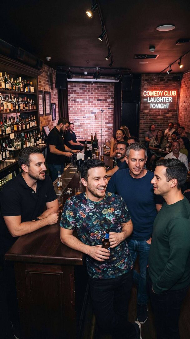 Men at a bar, one wearing a dark floral all-over-print shirt