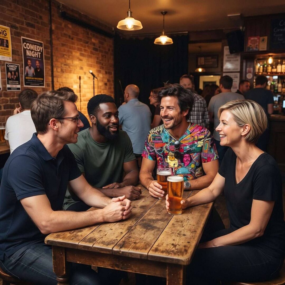 Four people at a pub table, one in a bold colourful all-over-print t-shirt