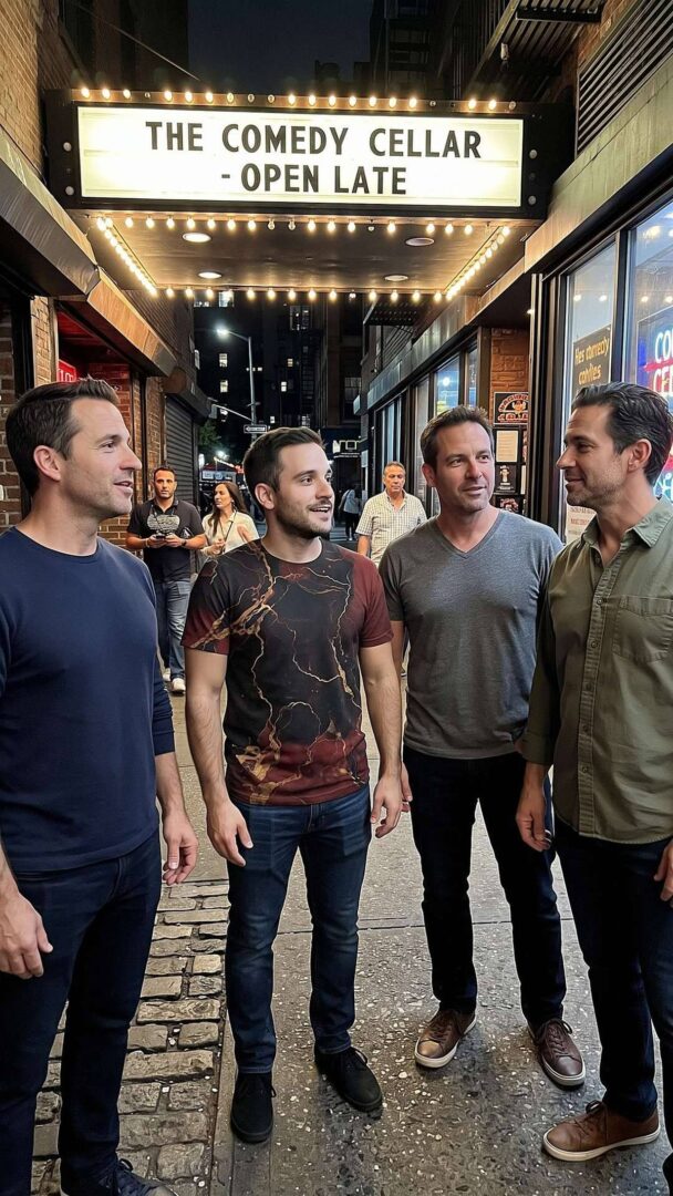 Men on a city street at night after a party, one in a dark marble all-over-print shirt